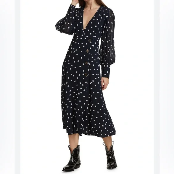 Ganni | Dresses | Nwot Ganni Georgette Wrap Midi Dress Blue Size Polka Dot  | Poshmark